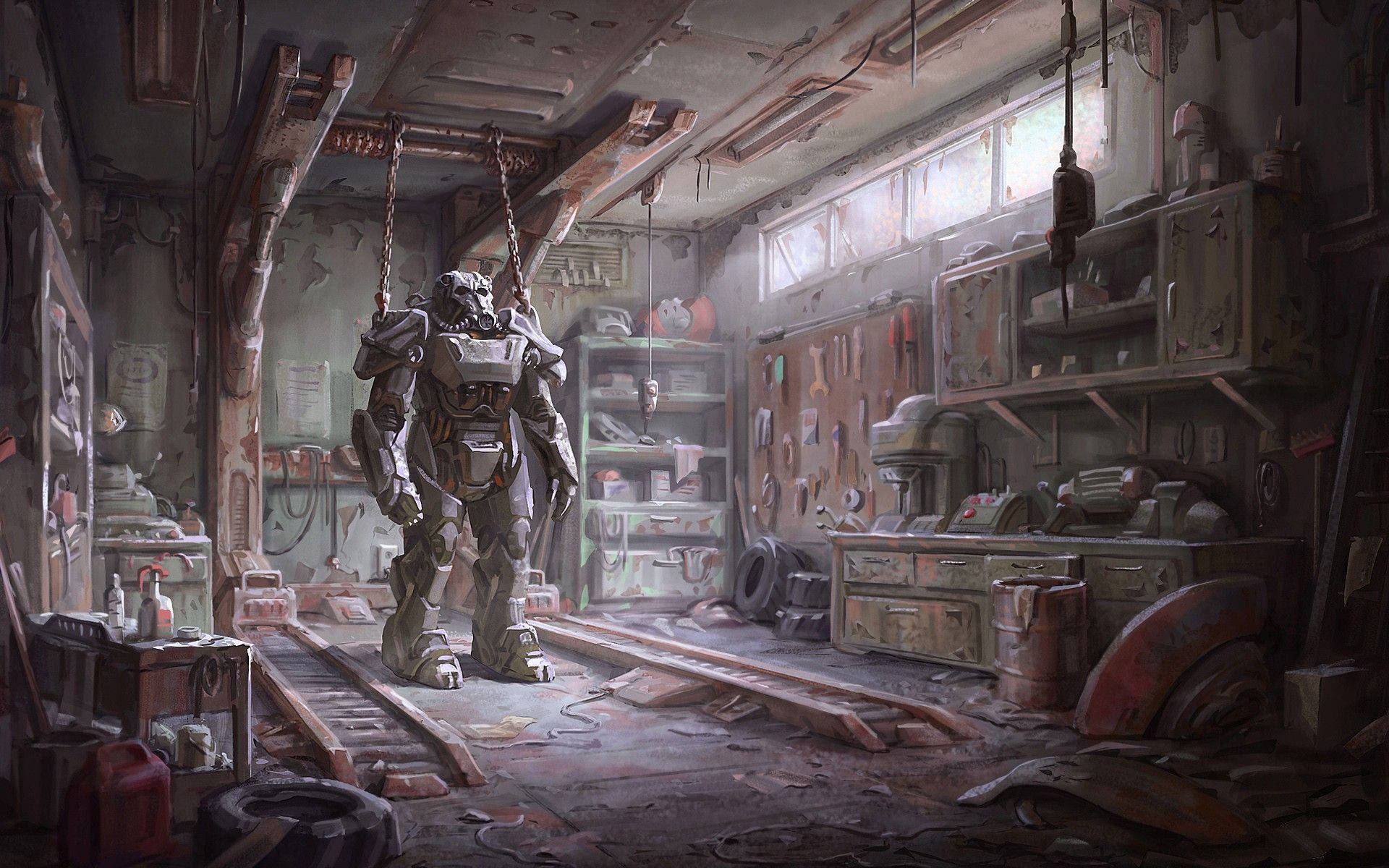 Fallout 4 Garage Chained Power Armor Background