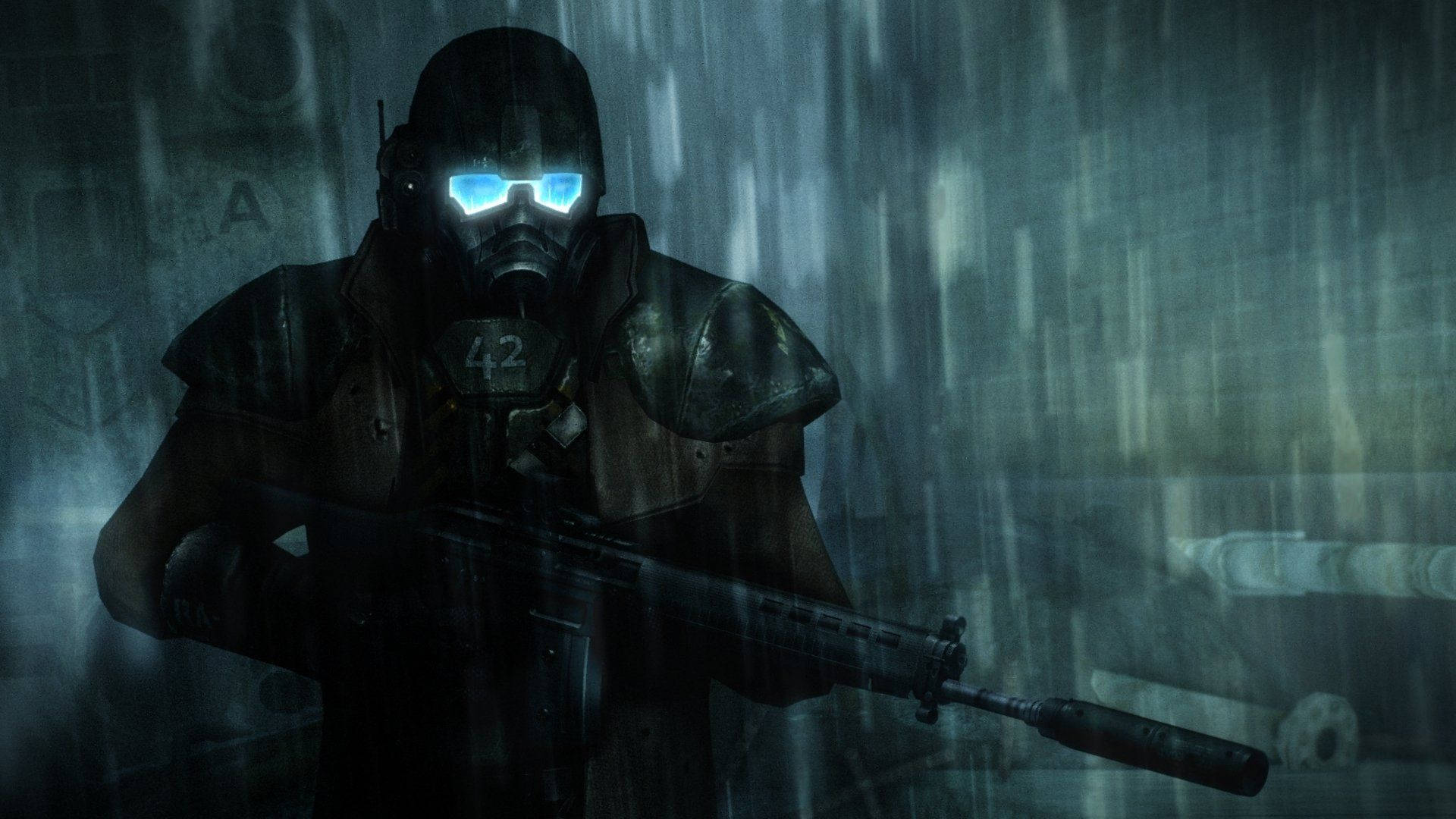 Fallout New Vegas Courier In Rain Background