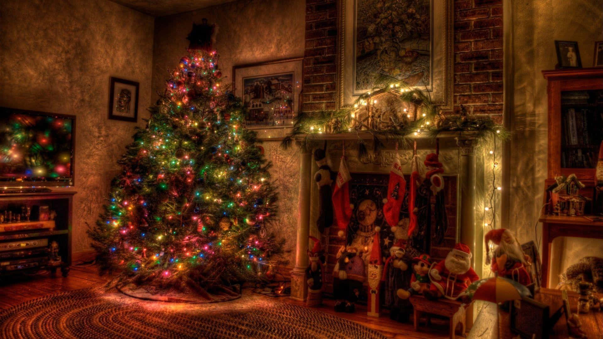 Family Gathers Around A Traditional Vintage Christmas Tree Background