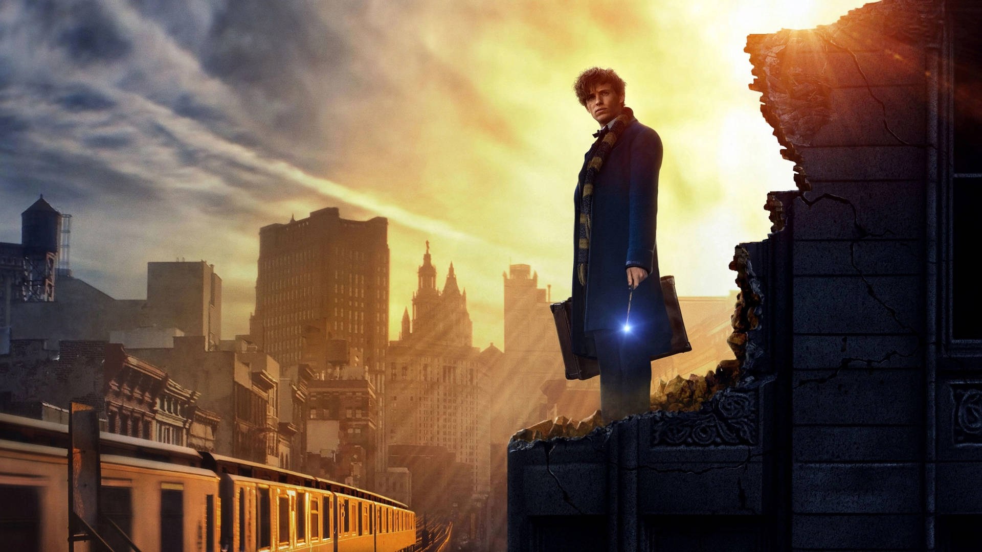 Fantastic Beasts And Where To Find Them Newt Scamander Standing On Top Of A Building Background