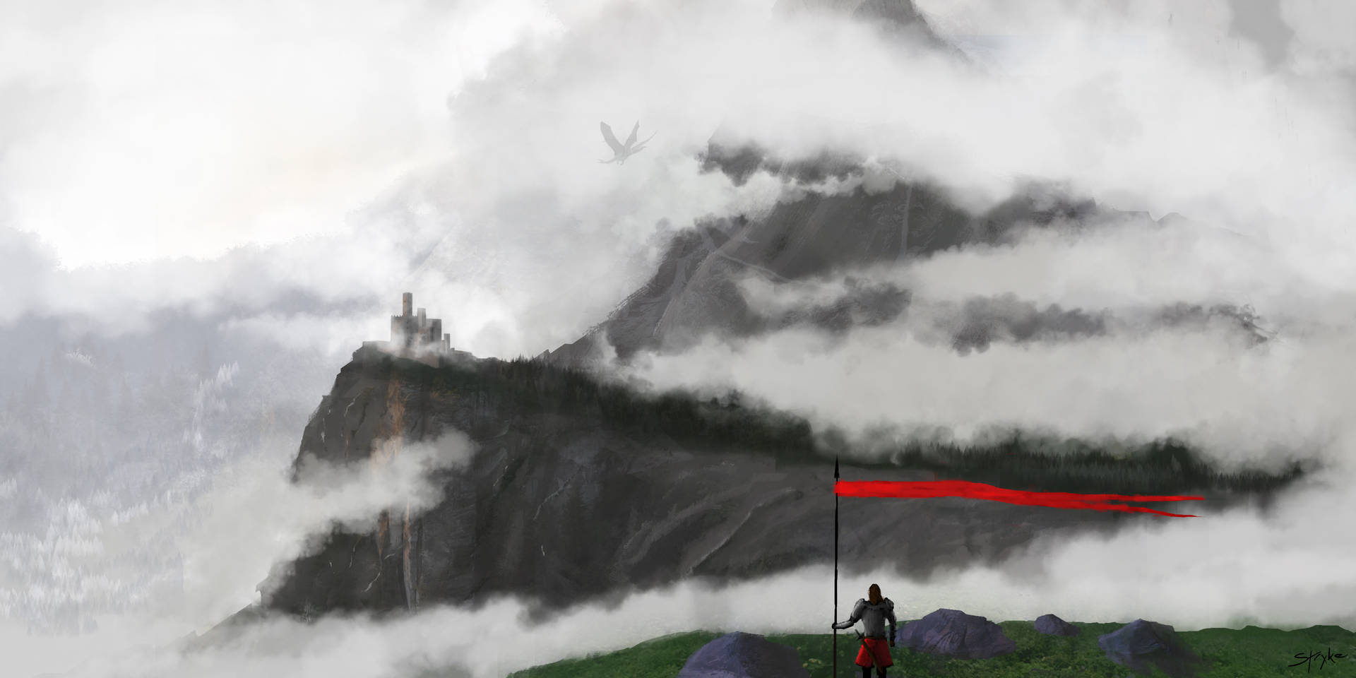 Fantasy Art Black Mountain Fog Background