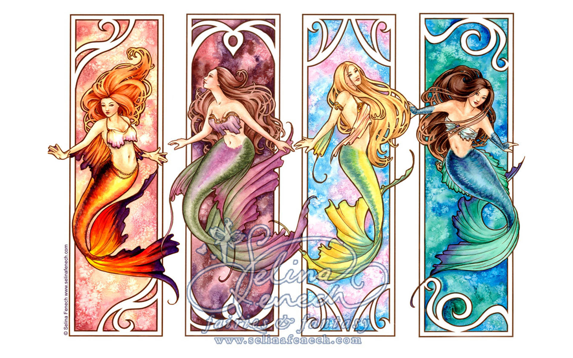 Fantasy Art Colorful Mermaids Background