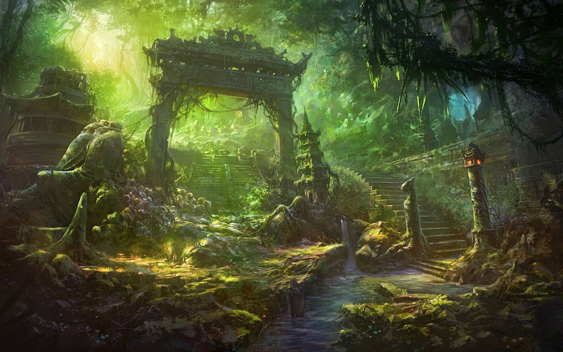 Fantasy Bamboo 4k Green Forest Temple Background