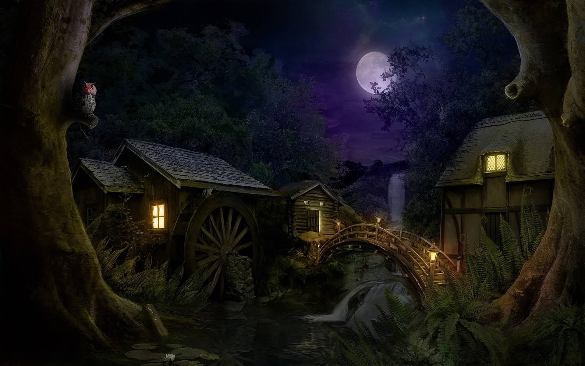 Fantasy Cottage In The Moonlight Background