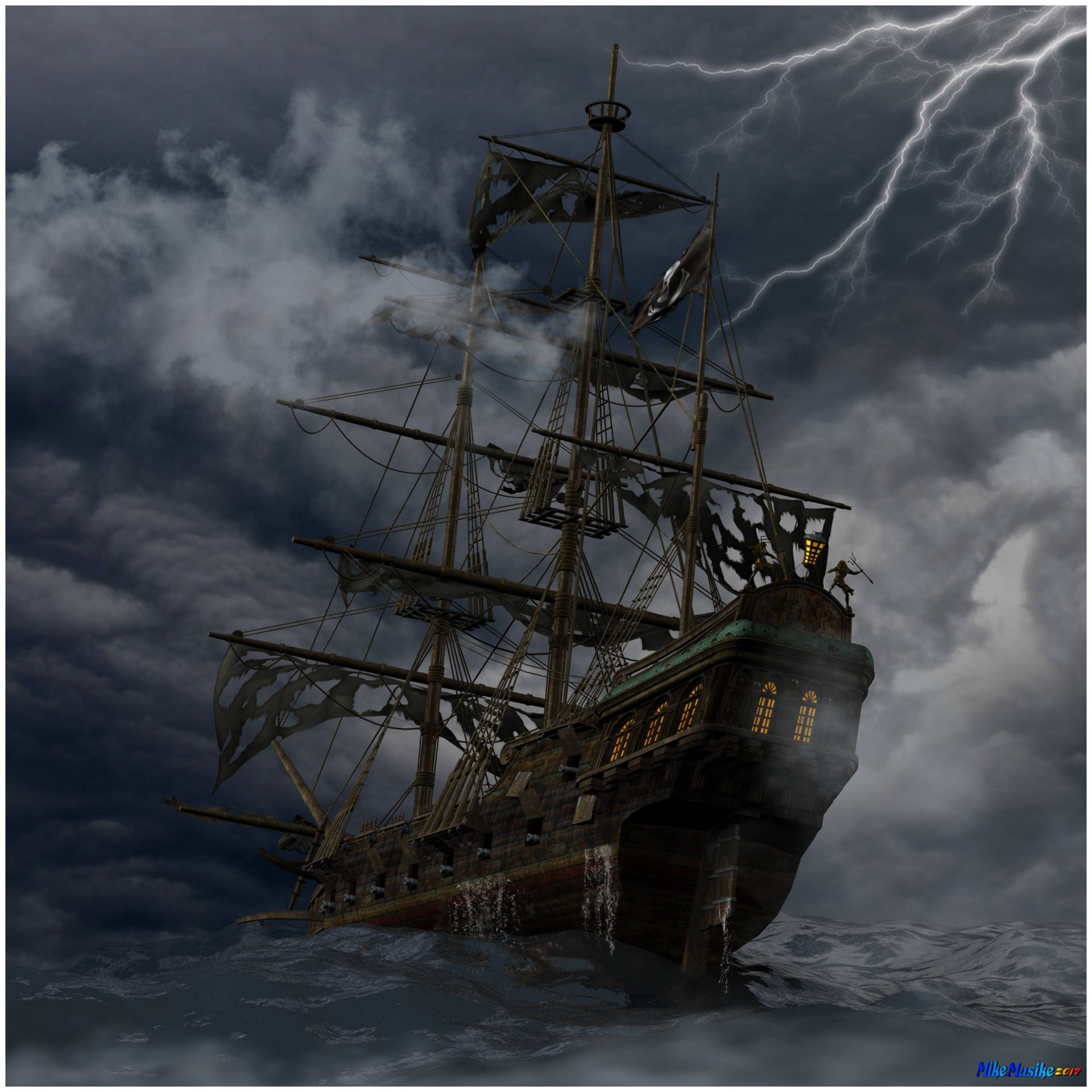 Fantasy Ghost Ship Lightning Background