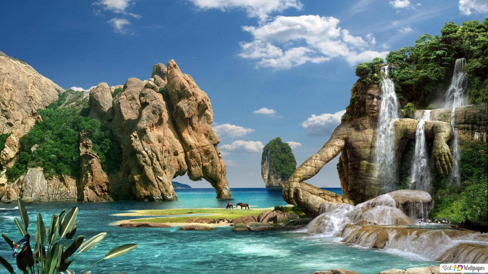 Fantasy Island Waterfall Statue Background