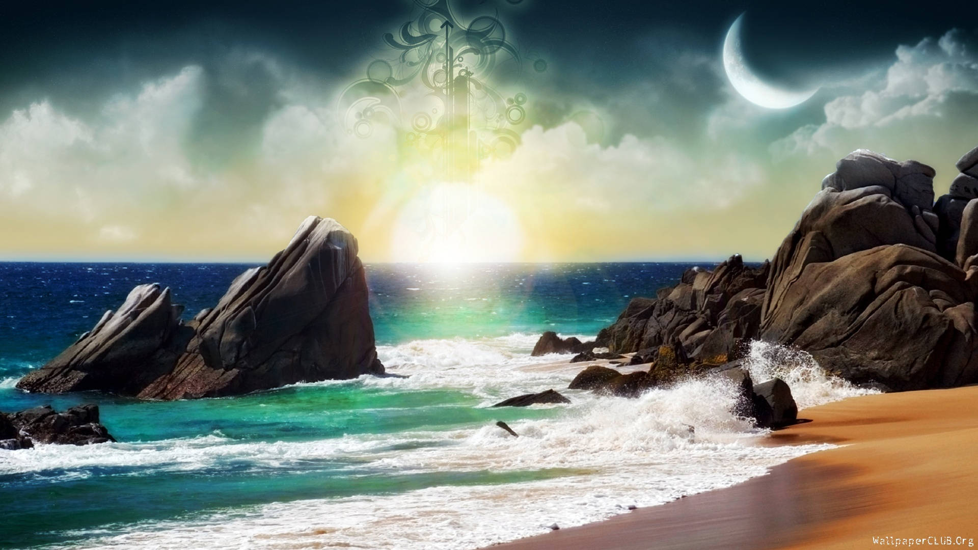 Fantasy Islands Shore With Waves Background