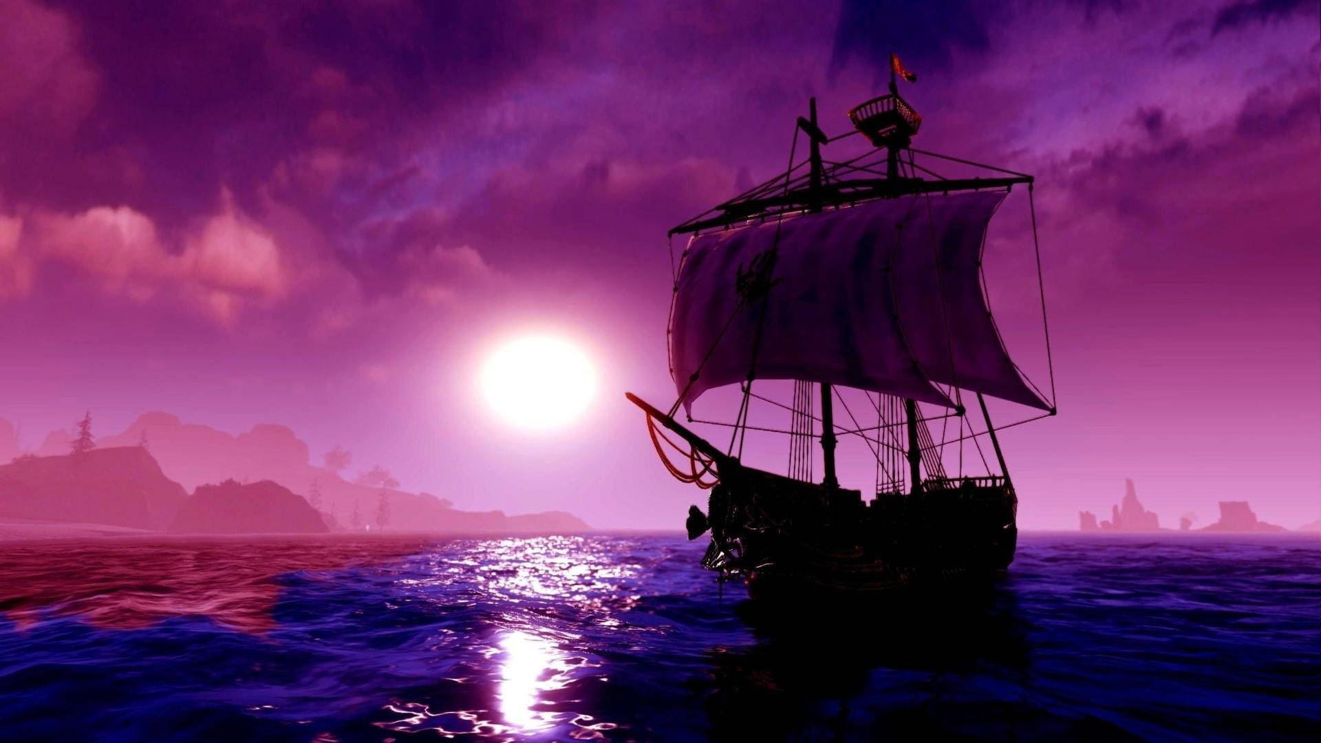 Fantasy Purple Pirate Ship Background