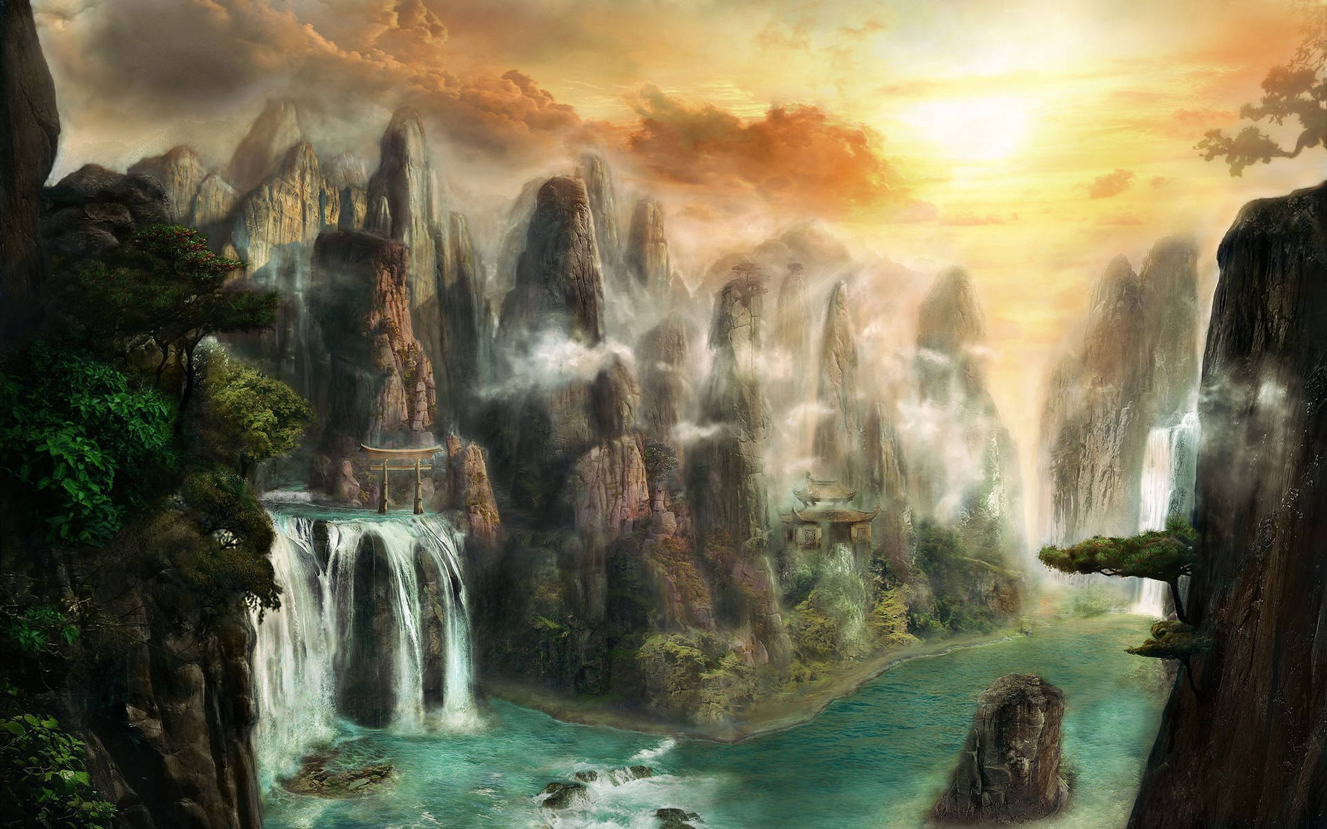 Fantasy Rocky Waterfalls Background