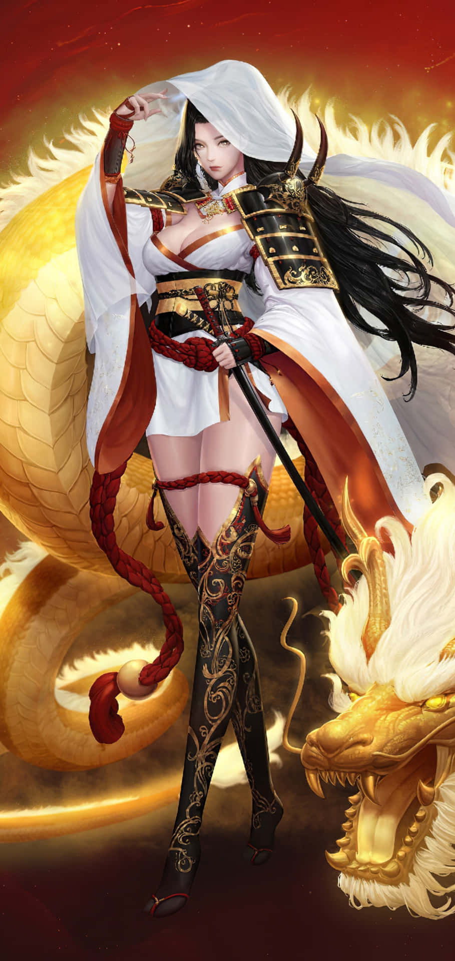Fantasy Samurai Anime Girl Golden Dragon