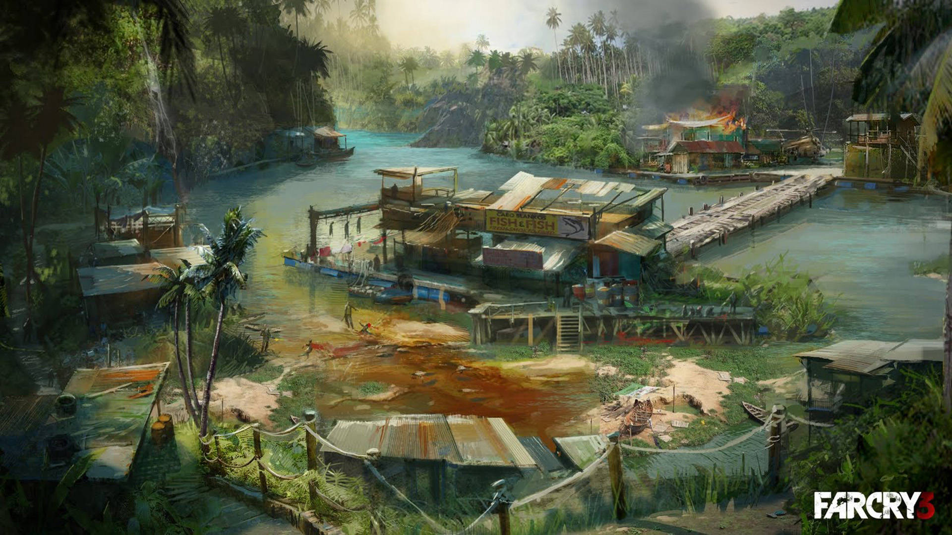 Far Cry 3 Burning Jungle Settlement Background