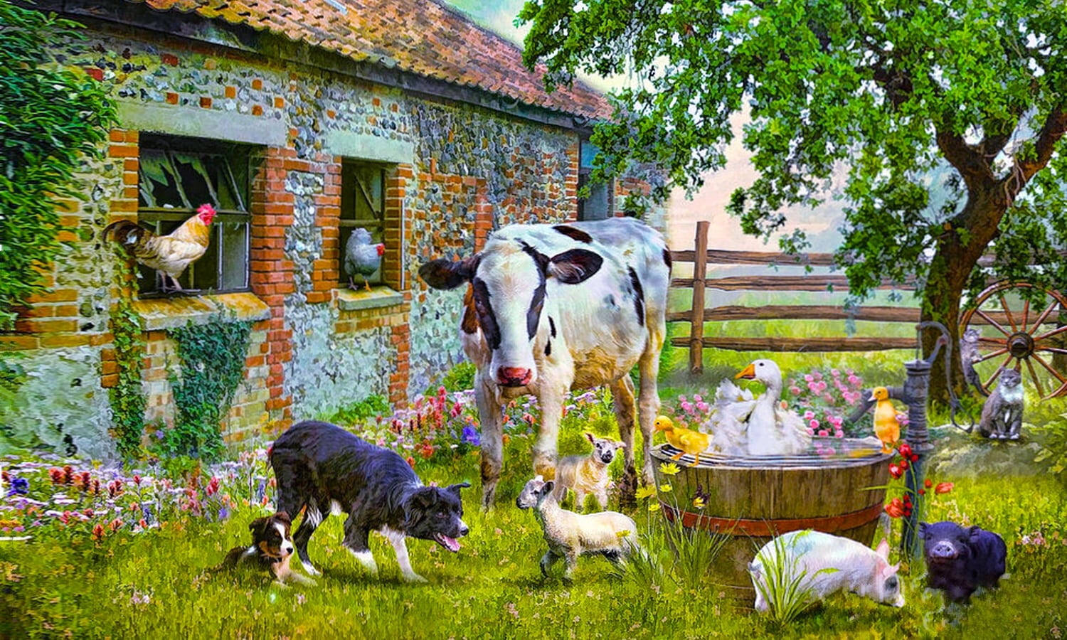 Farm Animals Beside An Old House Background