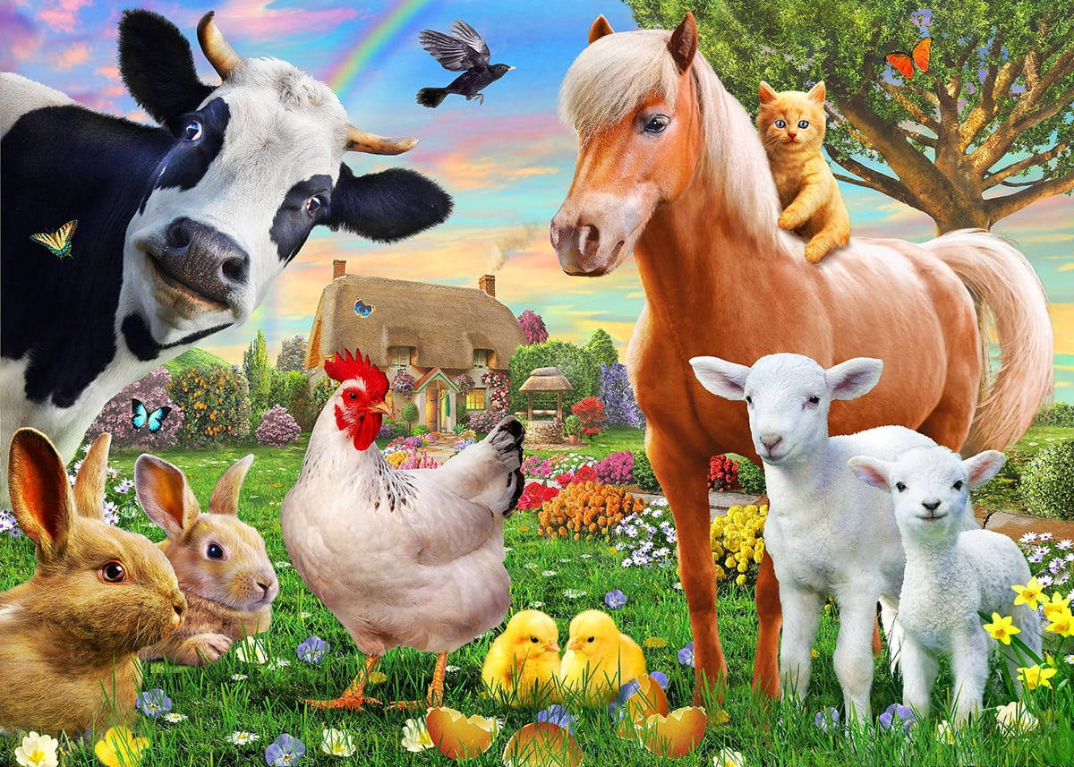 Farm Animals In A Flowery Land Background