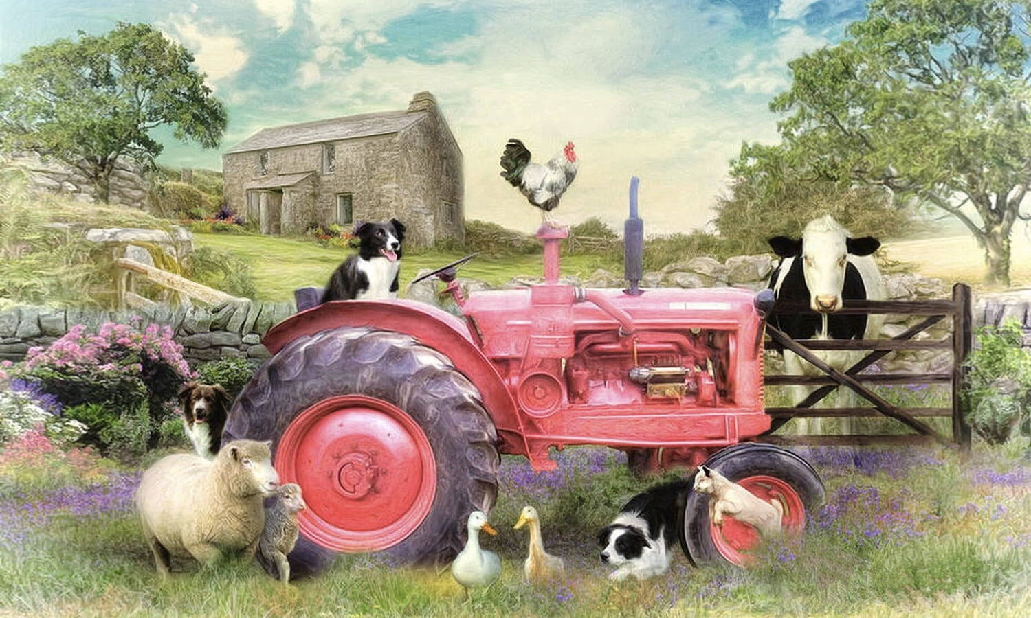 Farm Animals On A Red Tractor Background