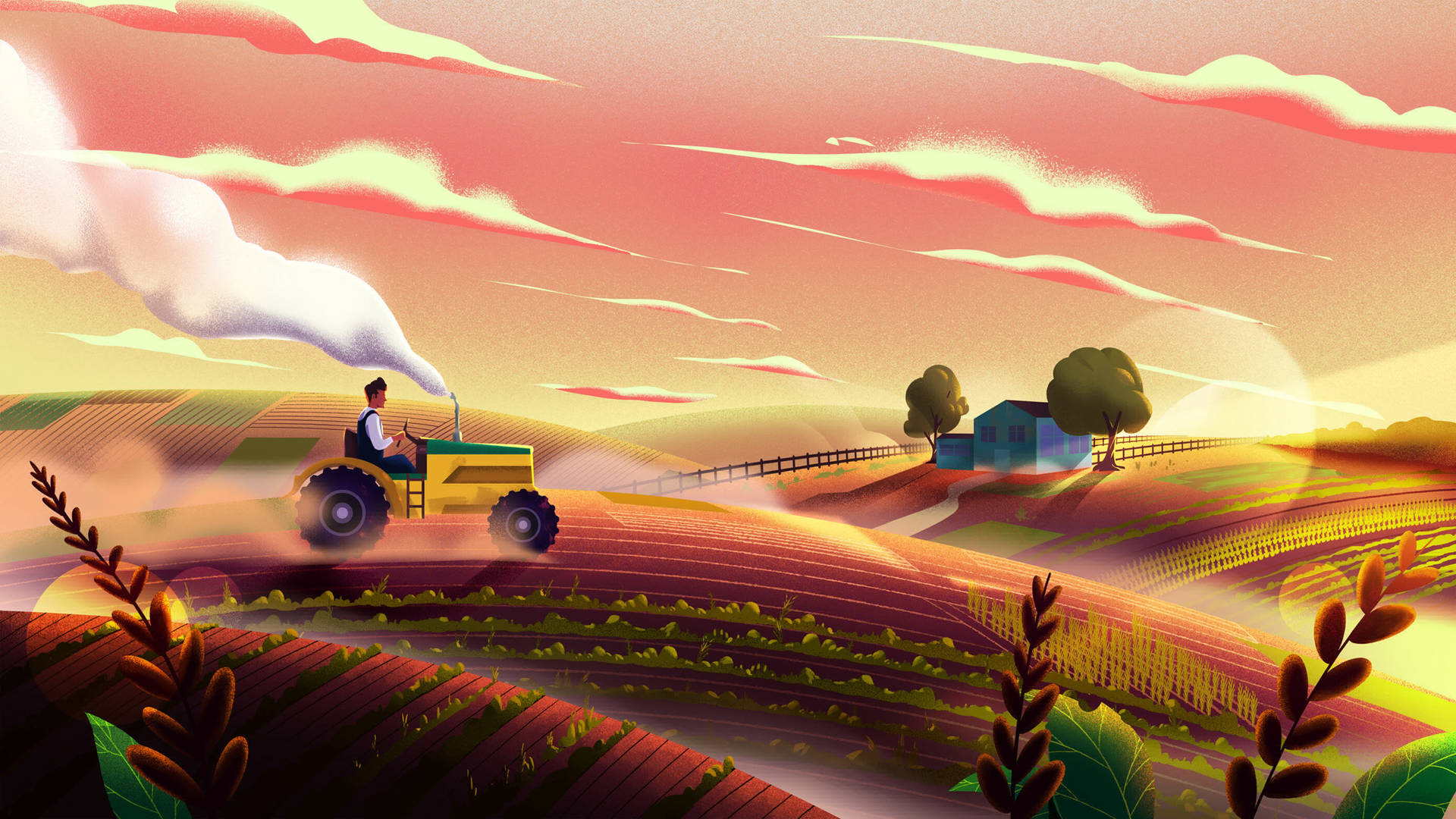 Farmer Skillfully Operating A Modern Tractor Background