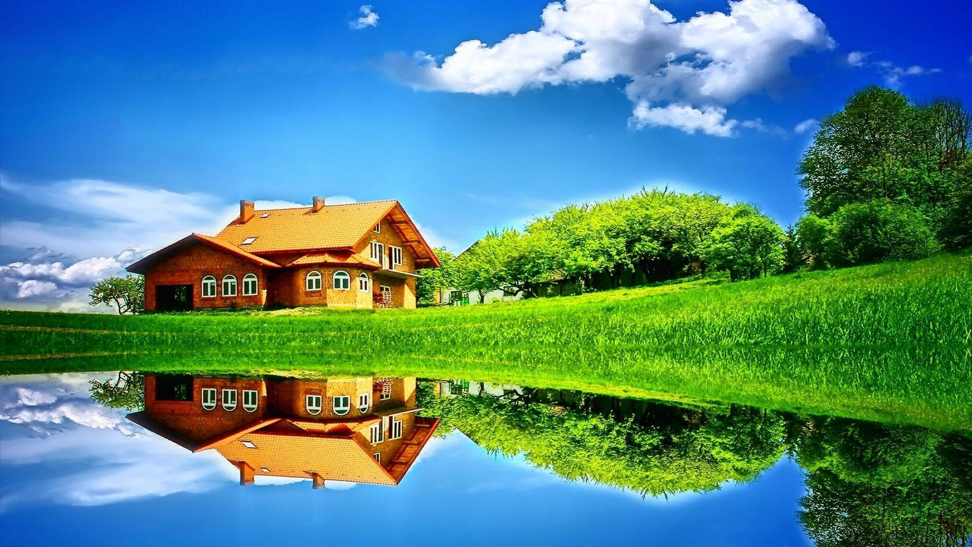 Farmhouse Beside A Pond Background