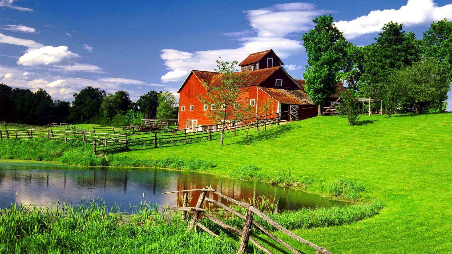 Farmhouse By The Pond Background