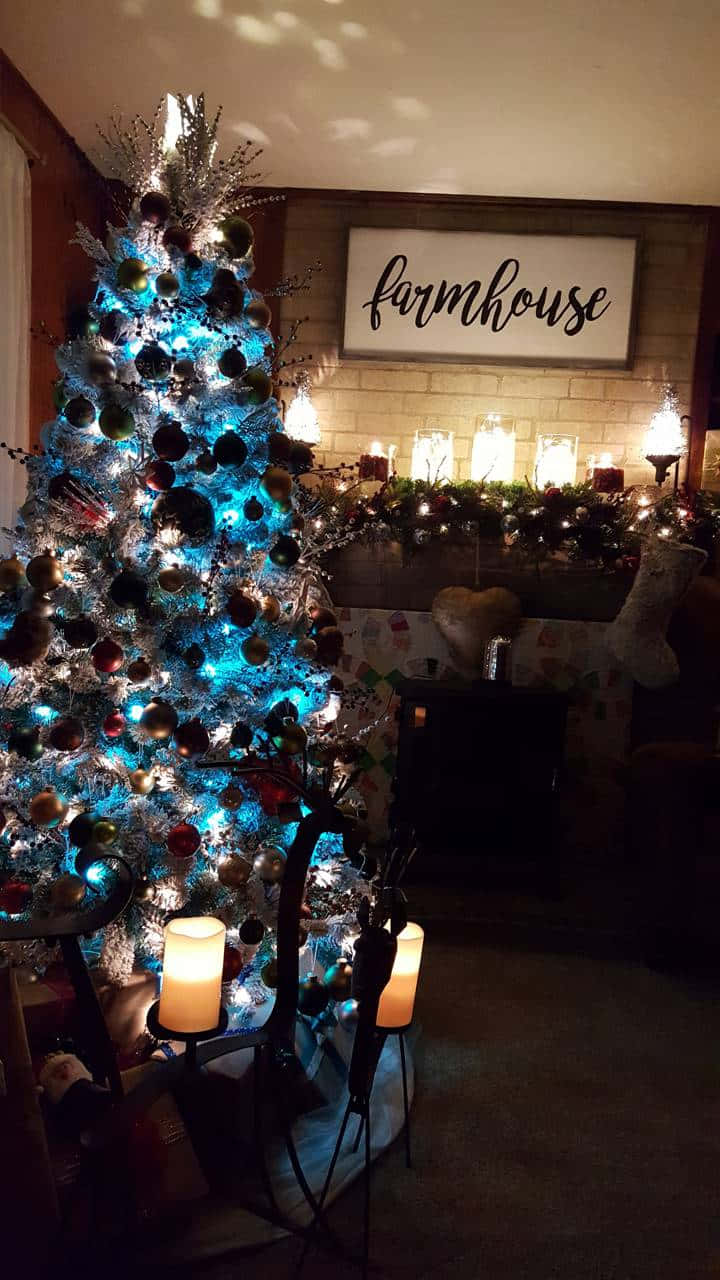 Farmhouse Christmas Tree With Blue And White Lights Background
