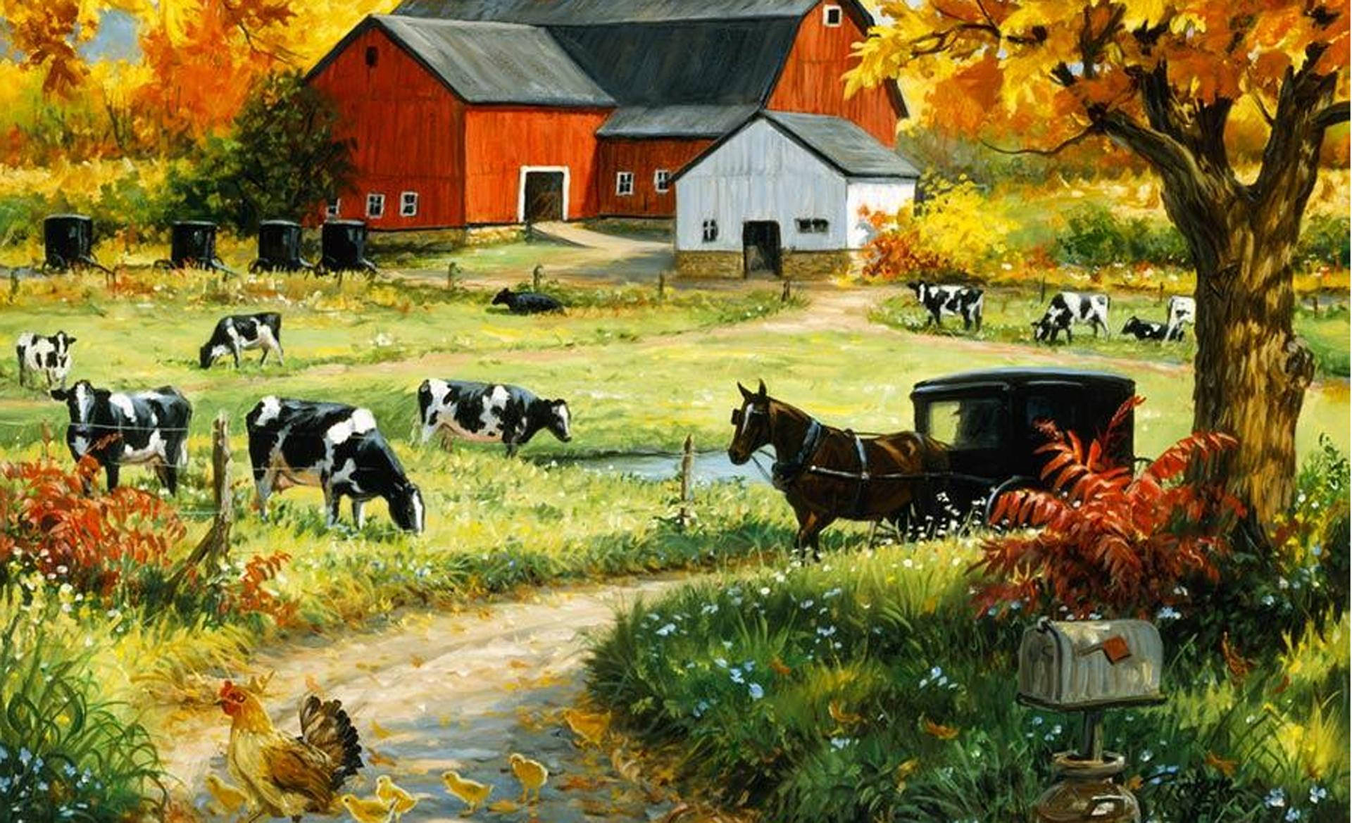 Farmhouse Realistic Painting Background