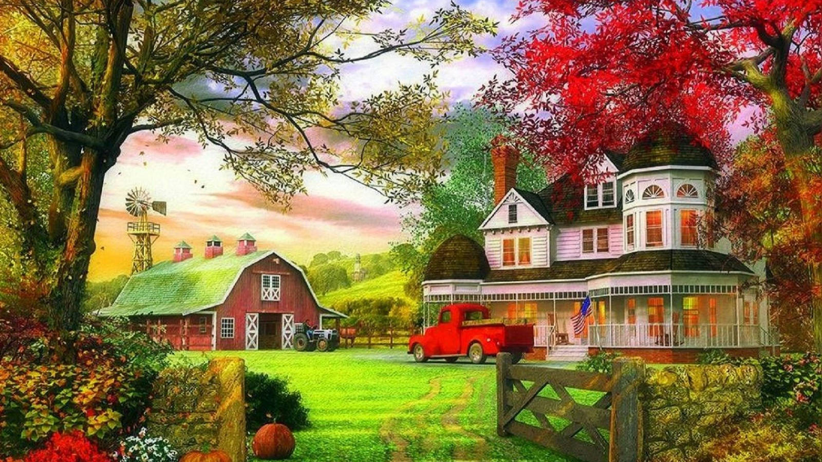 Farmhouse Scenic Landscape Painting Background