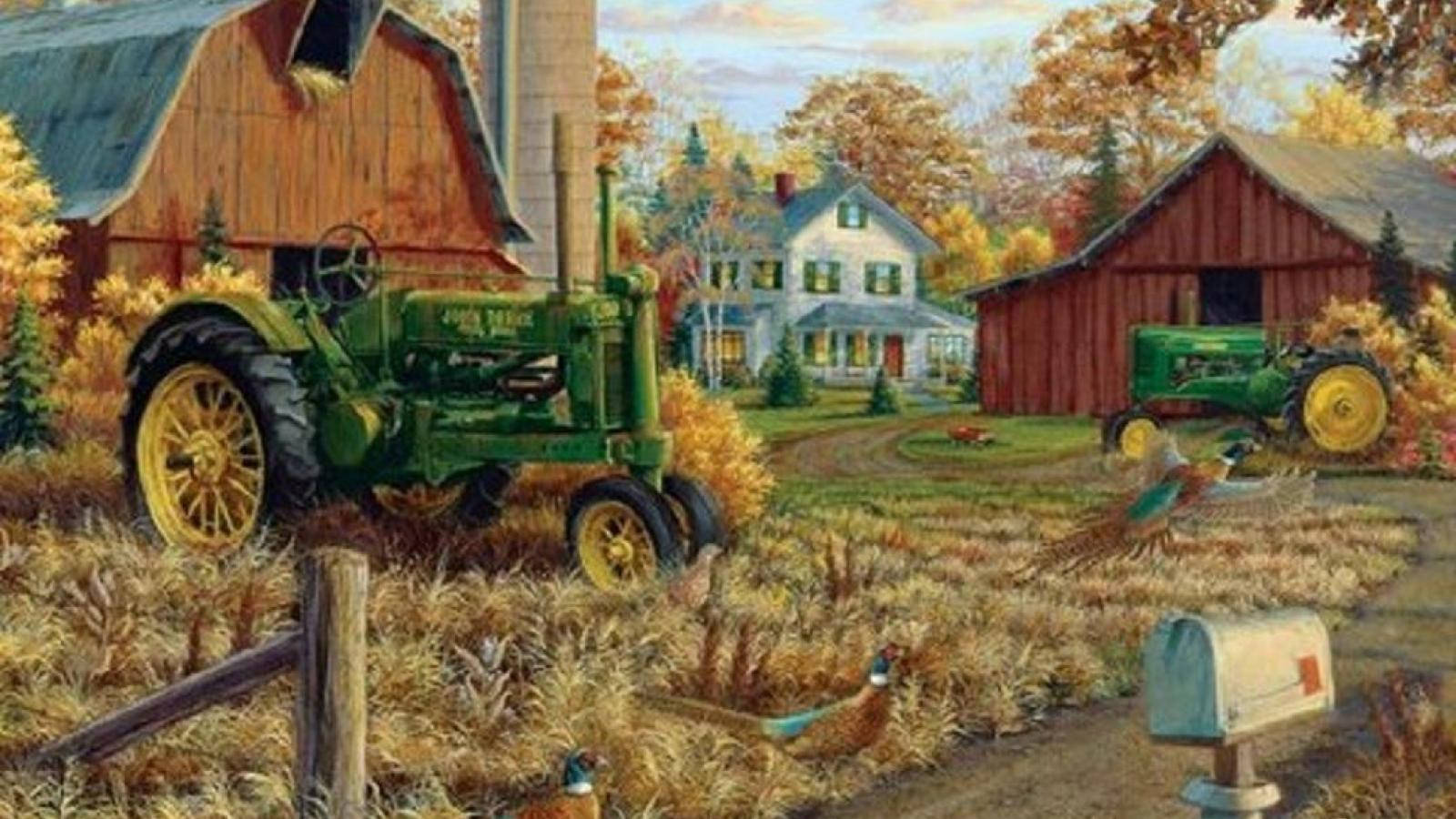 Farmhouse With Green Tractors Background