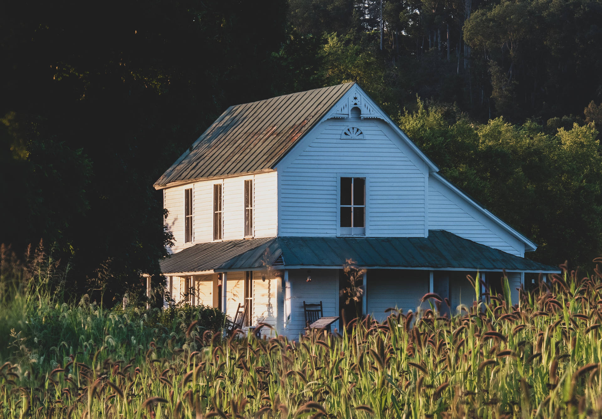 Farmhouse With Wheat Crops Background