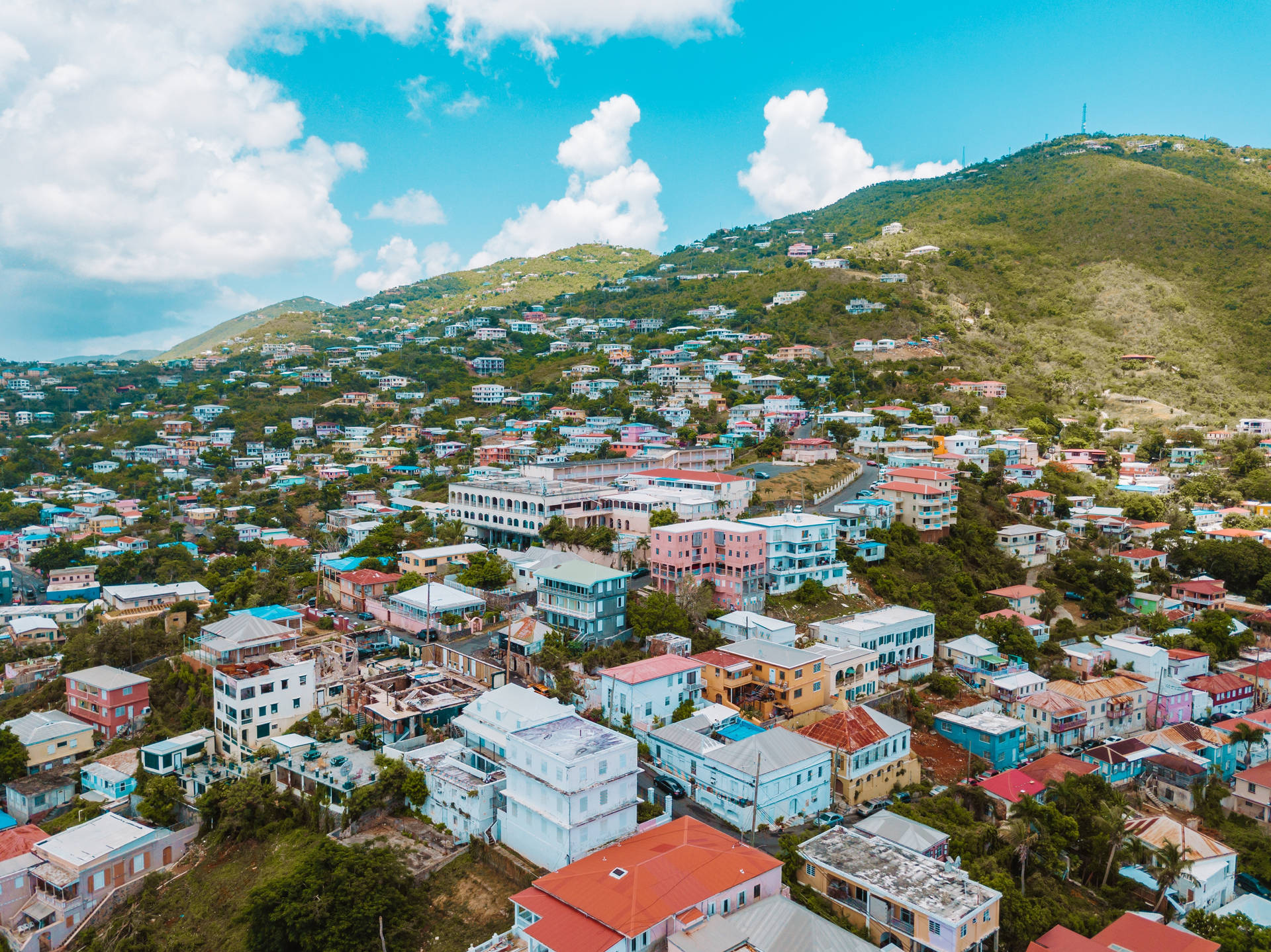 Fascinating Aerial View Of A Neighborhood In St. Thomas, Virgin Islands Background