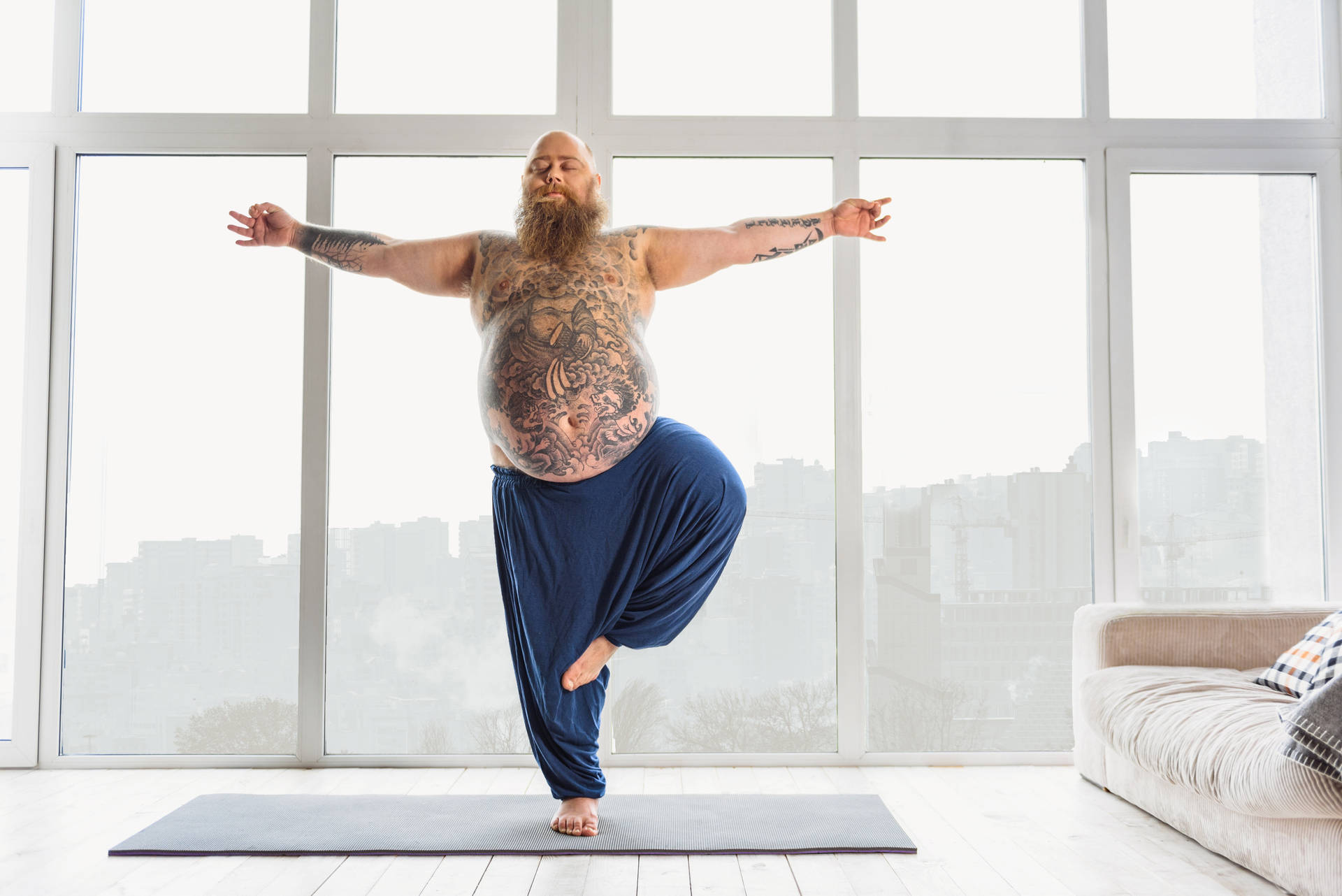 Fat Man In Yoga Stance Background
