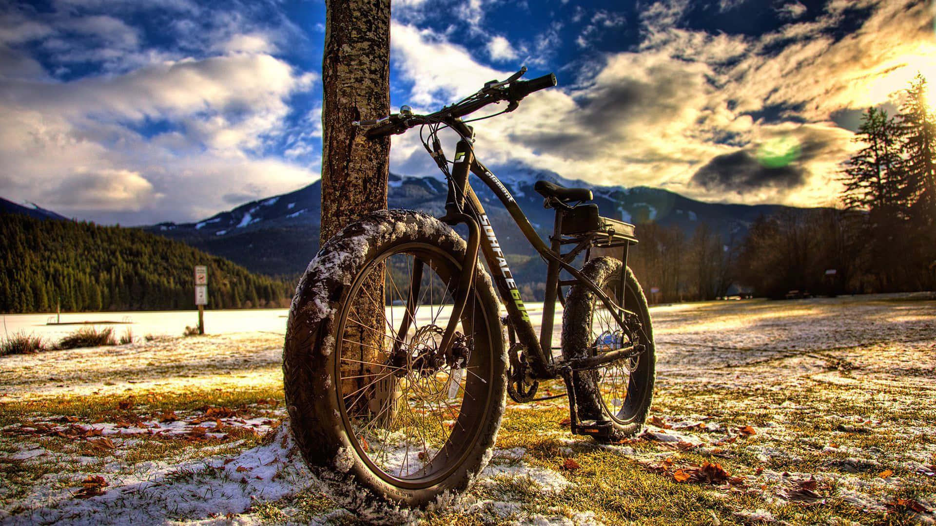 Fat Specialized Mountain Bike In Melting Snow Background