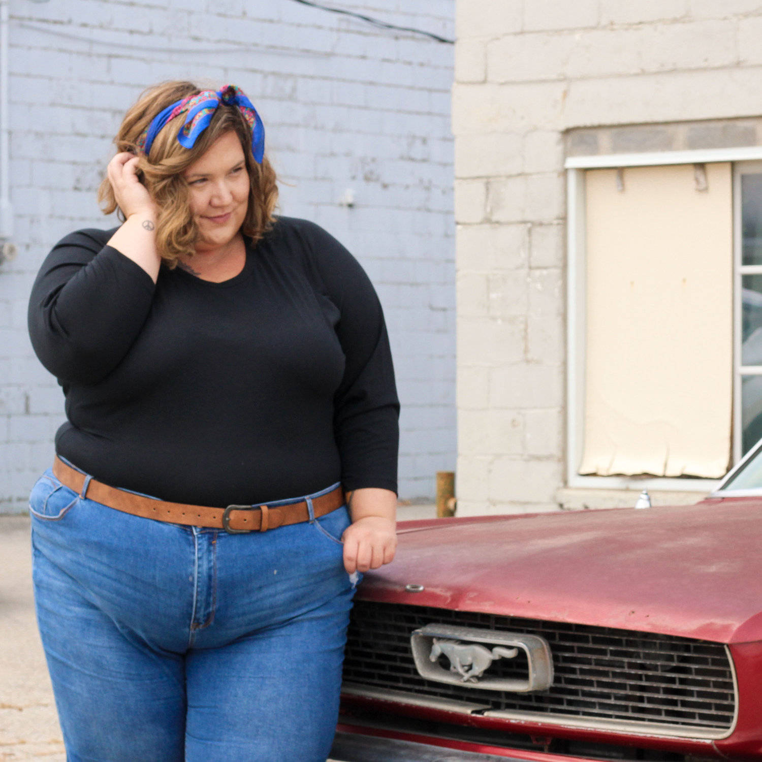 Fat Woman By Old Mustang Background