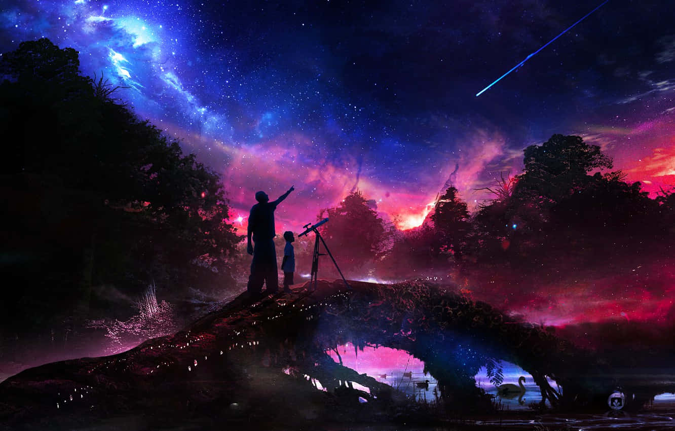 Father And Son In Blue And Pink Sky Astronomy Background