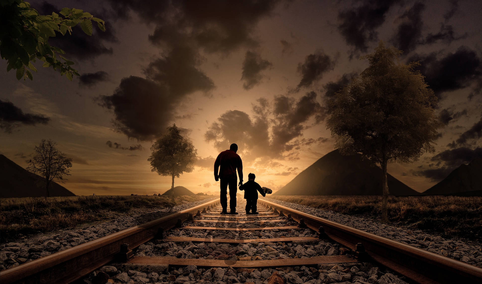 Father And Son Walking On Railroad Tracks Background
