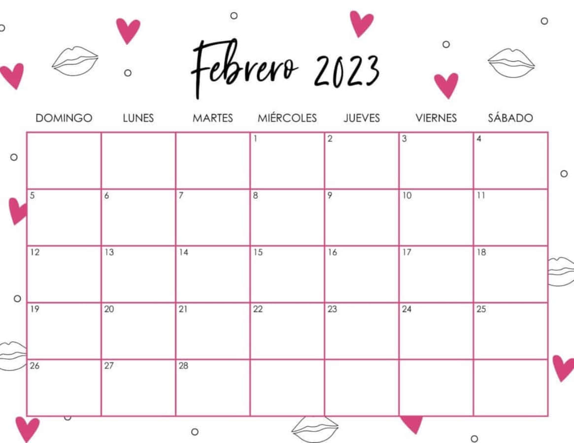 February 2013 Calendar With Hearts And Kisses Background