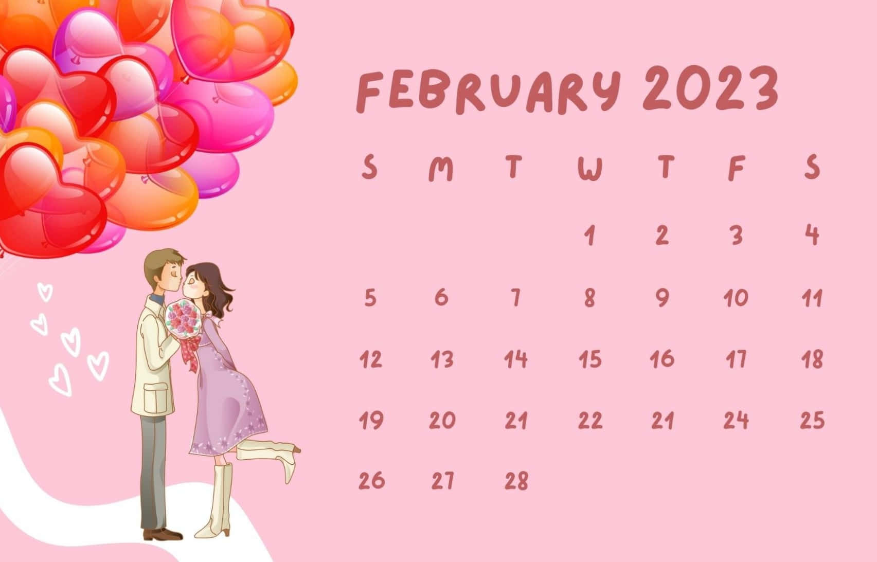 February 2020 Calendar With A Couple Holding Balloons Background