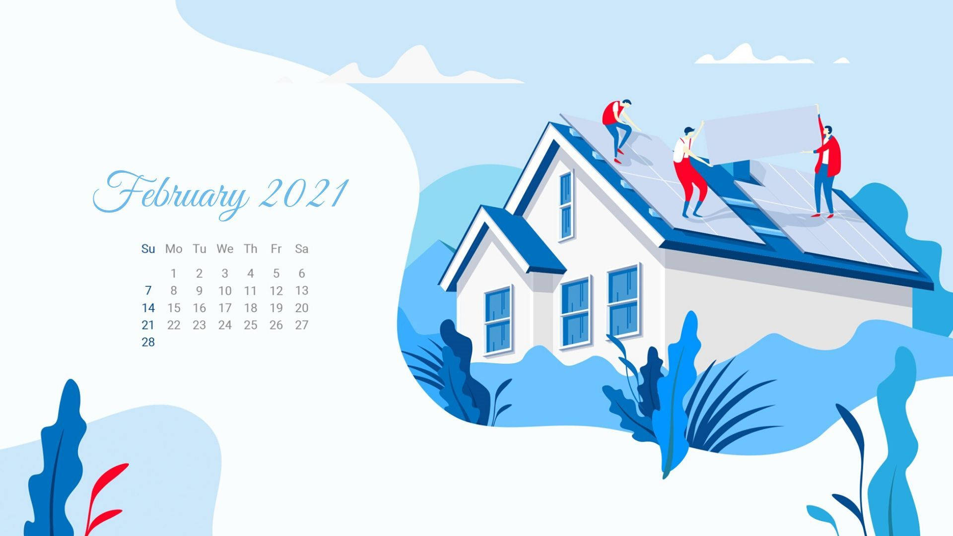 February 2021 Calendar With People On The Roof Background