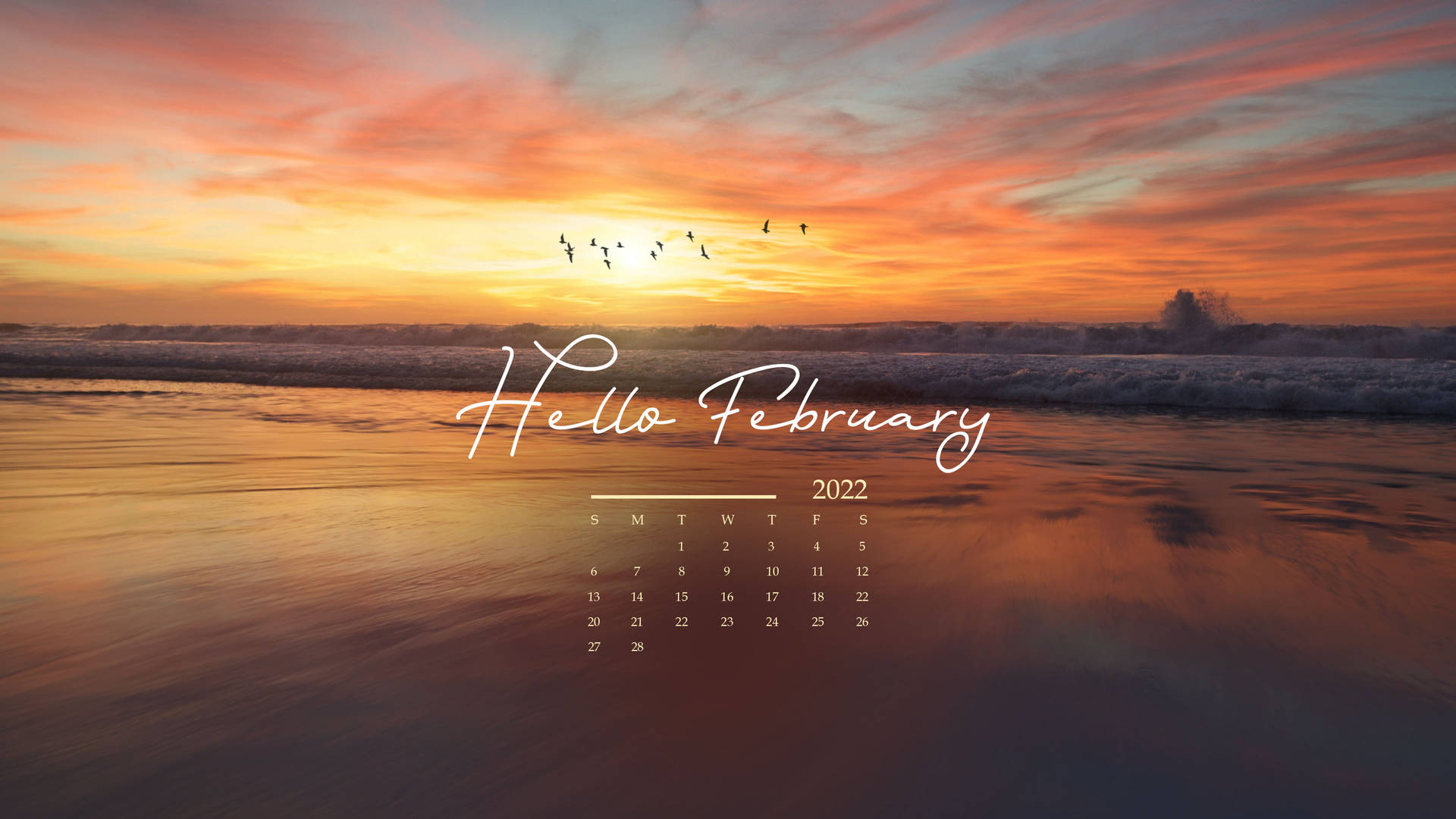 February 2022 Beach Sunset Calendar Background