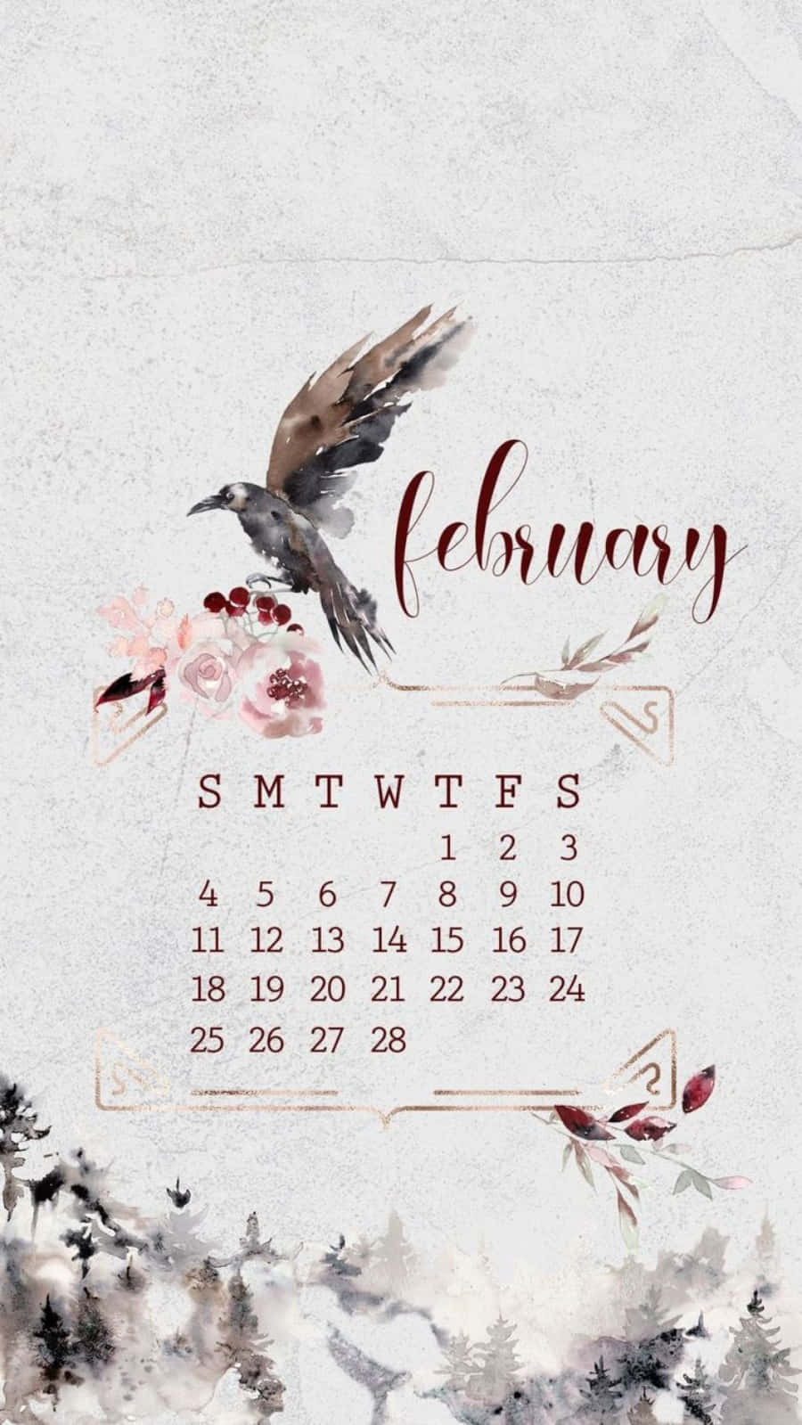 February Calendar Watercolor Perched Bird Background