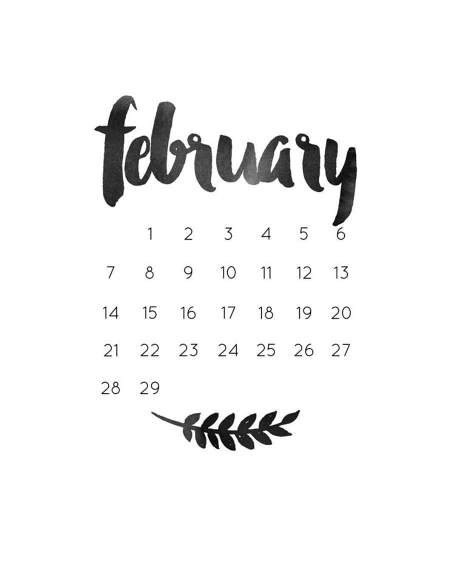 February Calendar With Black And White Leaves Background