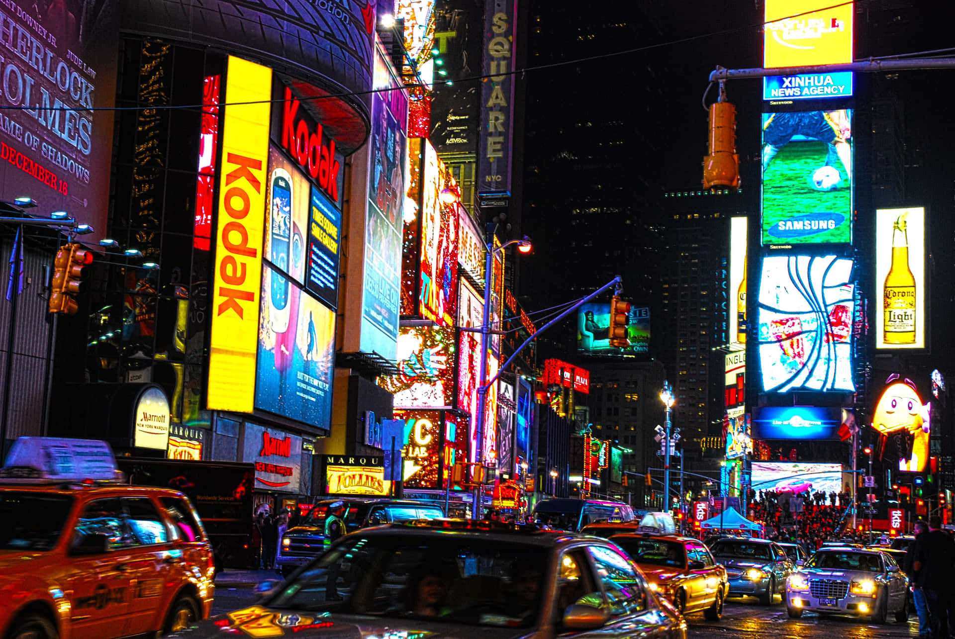 Feel The Hustle And Bustle Of The Bright Lights Of Times Square. Background