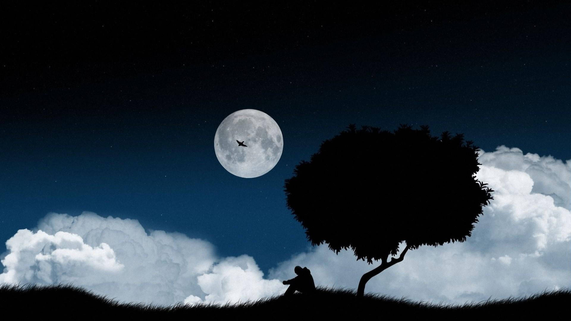 Feeling Alone By Tree And Moon