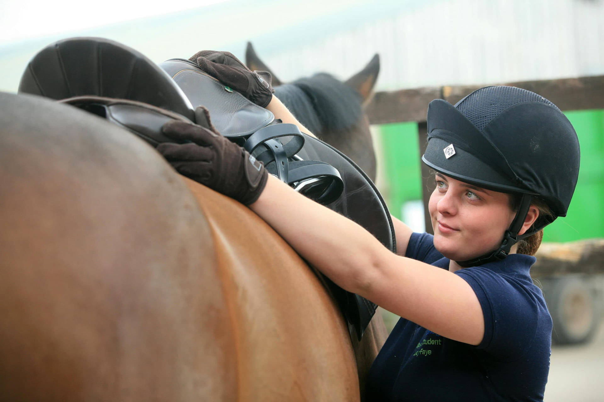 Female Equestrian Fixing Her Saddle