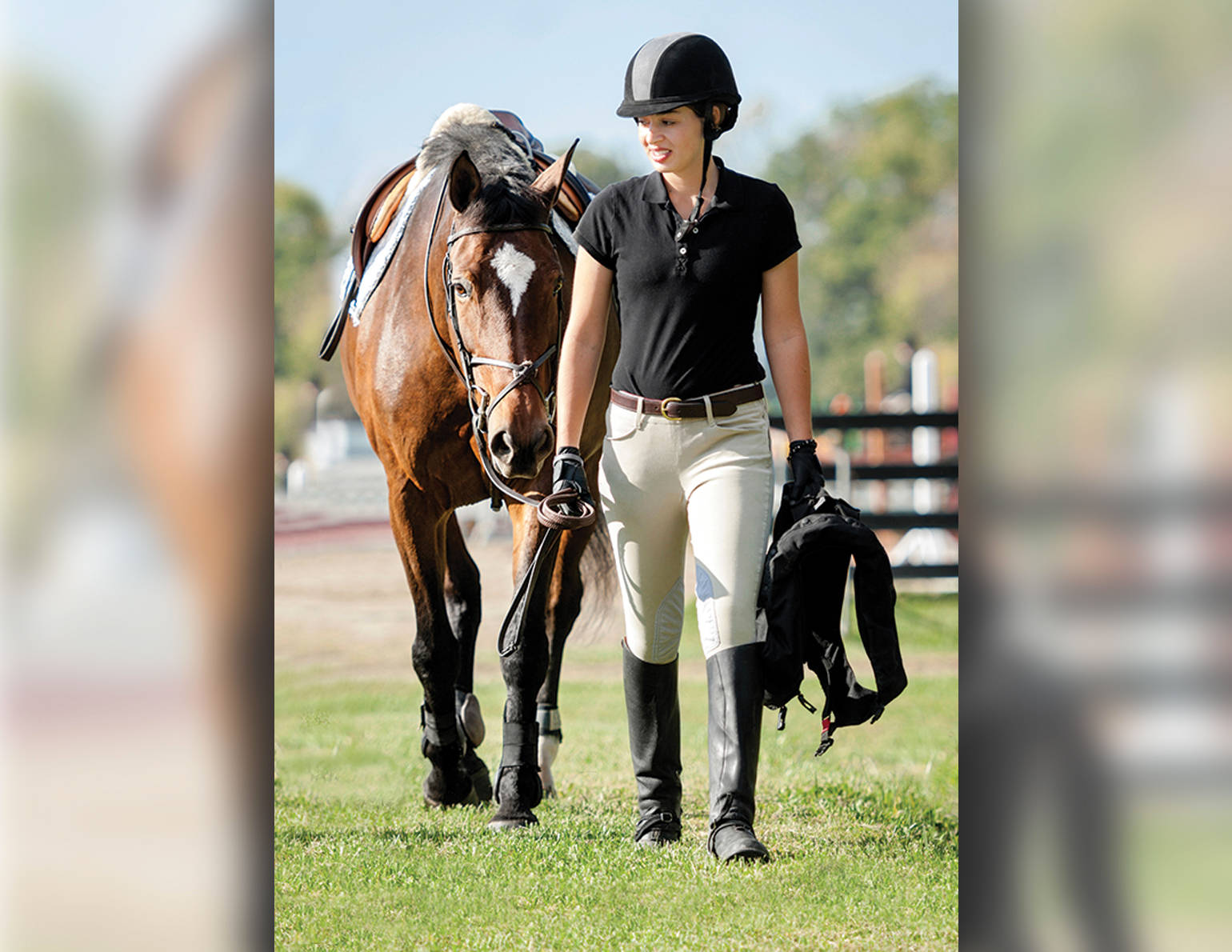 Female Equestrian Walking With Her Horse Background