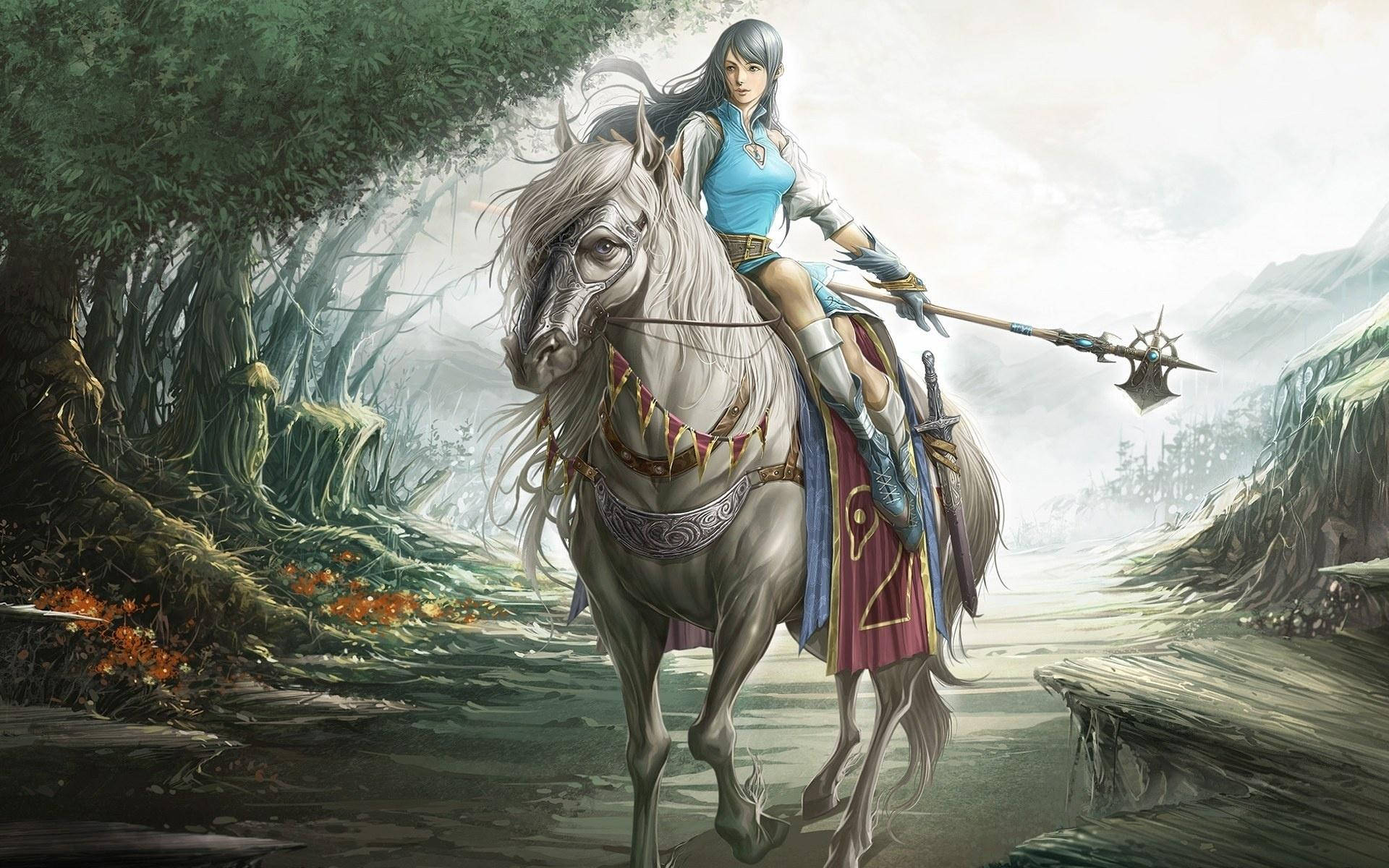 Female Knight On White Horse Background