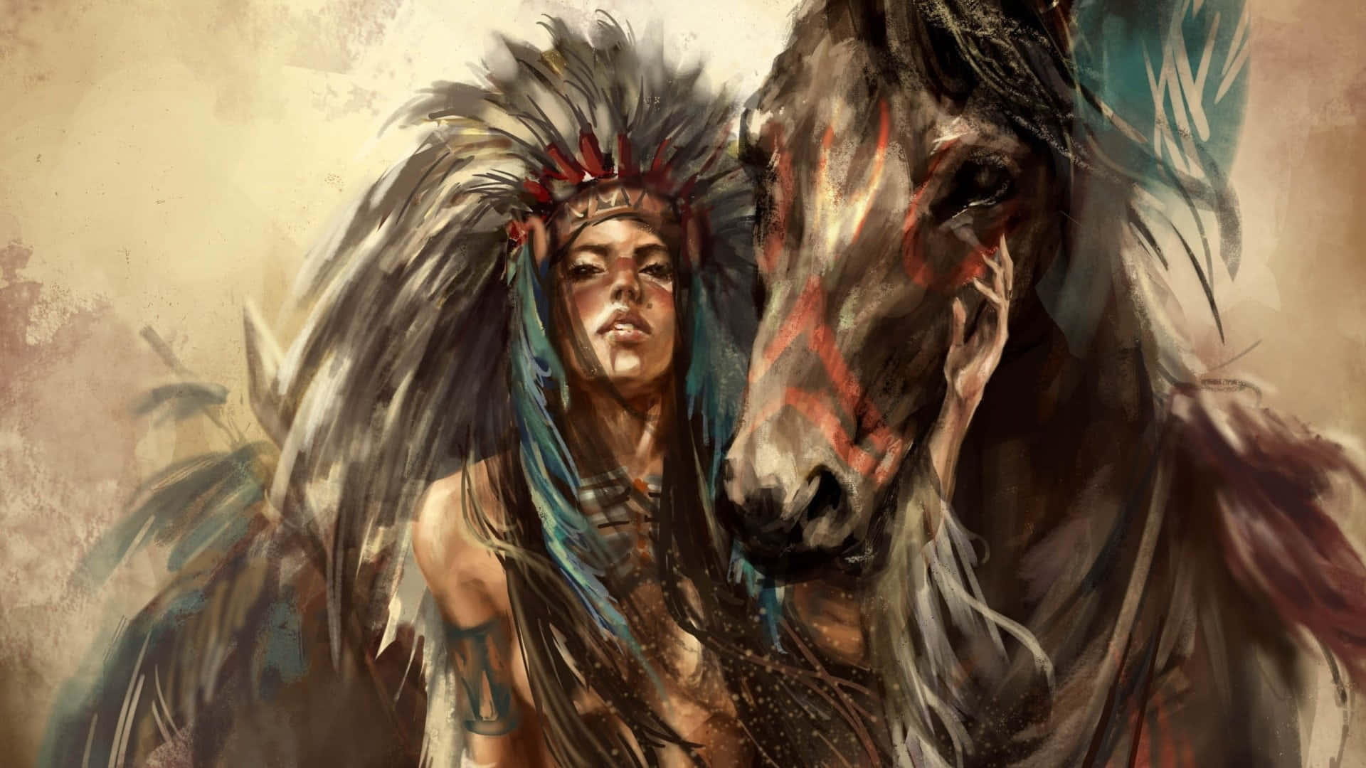 Female Native Warrior With Horse Background