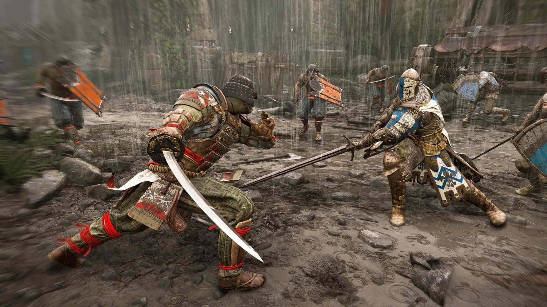 Female Samurai For Honor Battle Under Rain Background