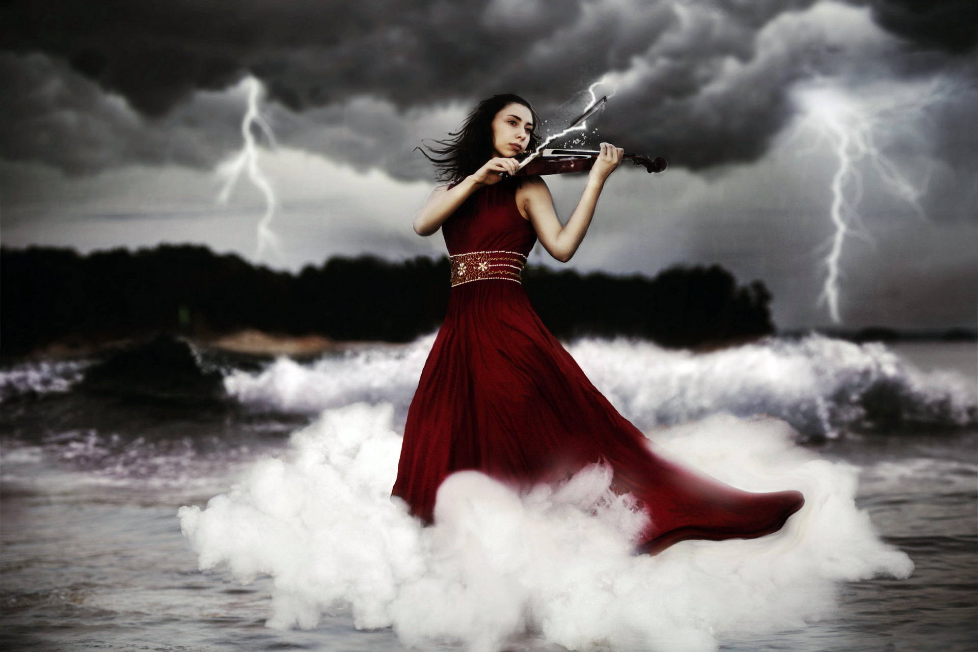 Female Violinist Lightning Fantasy Art