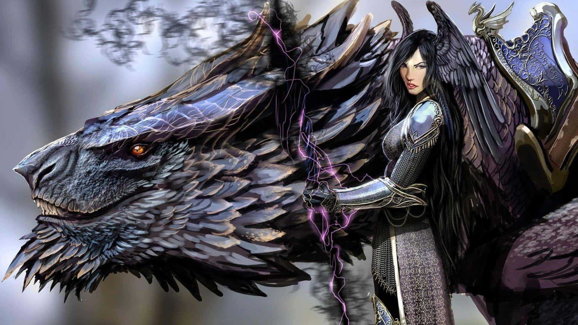 Female Warrior With A Black Dragon Background