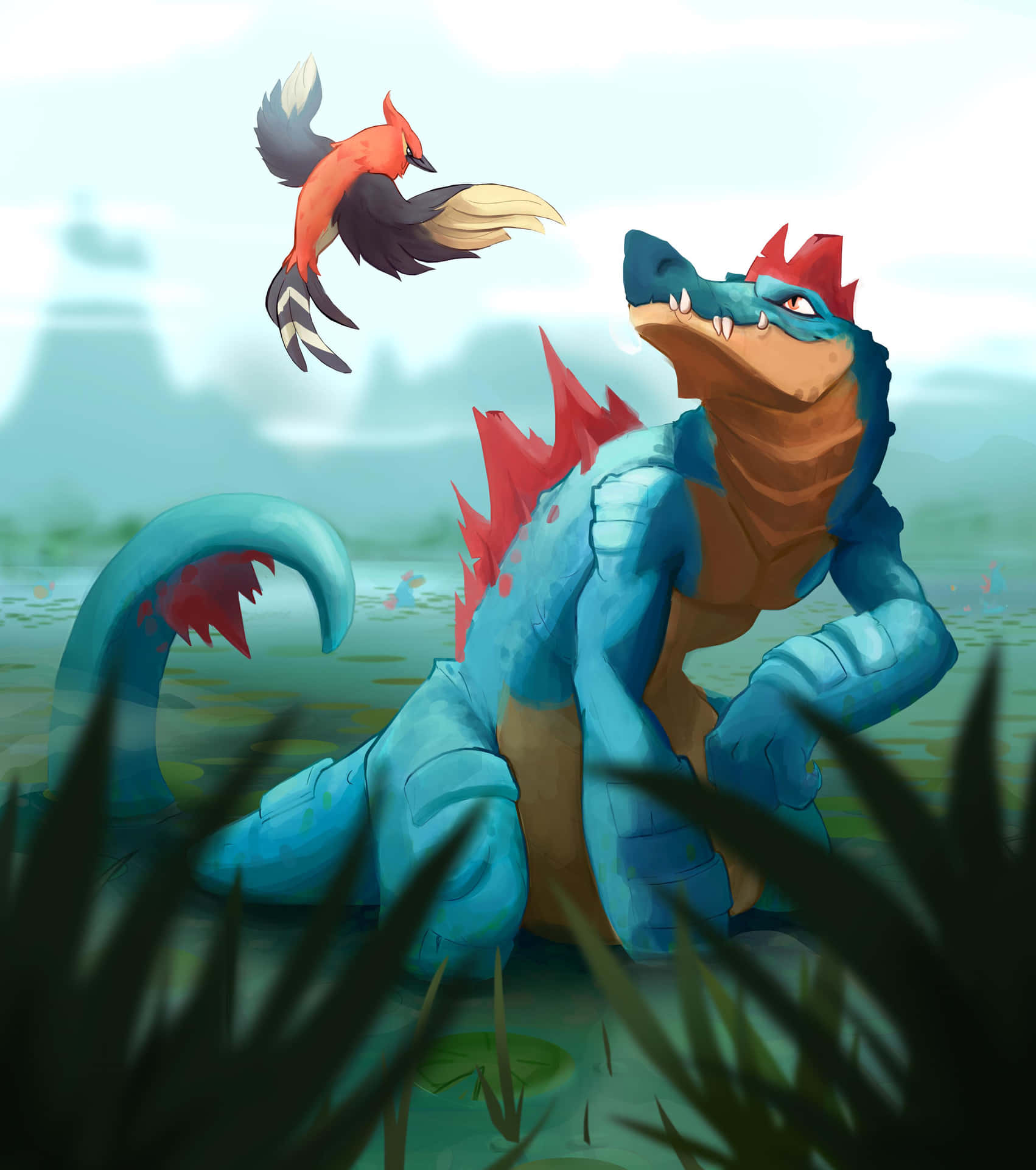 Feraligatr Playing With A Bird Background