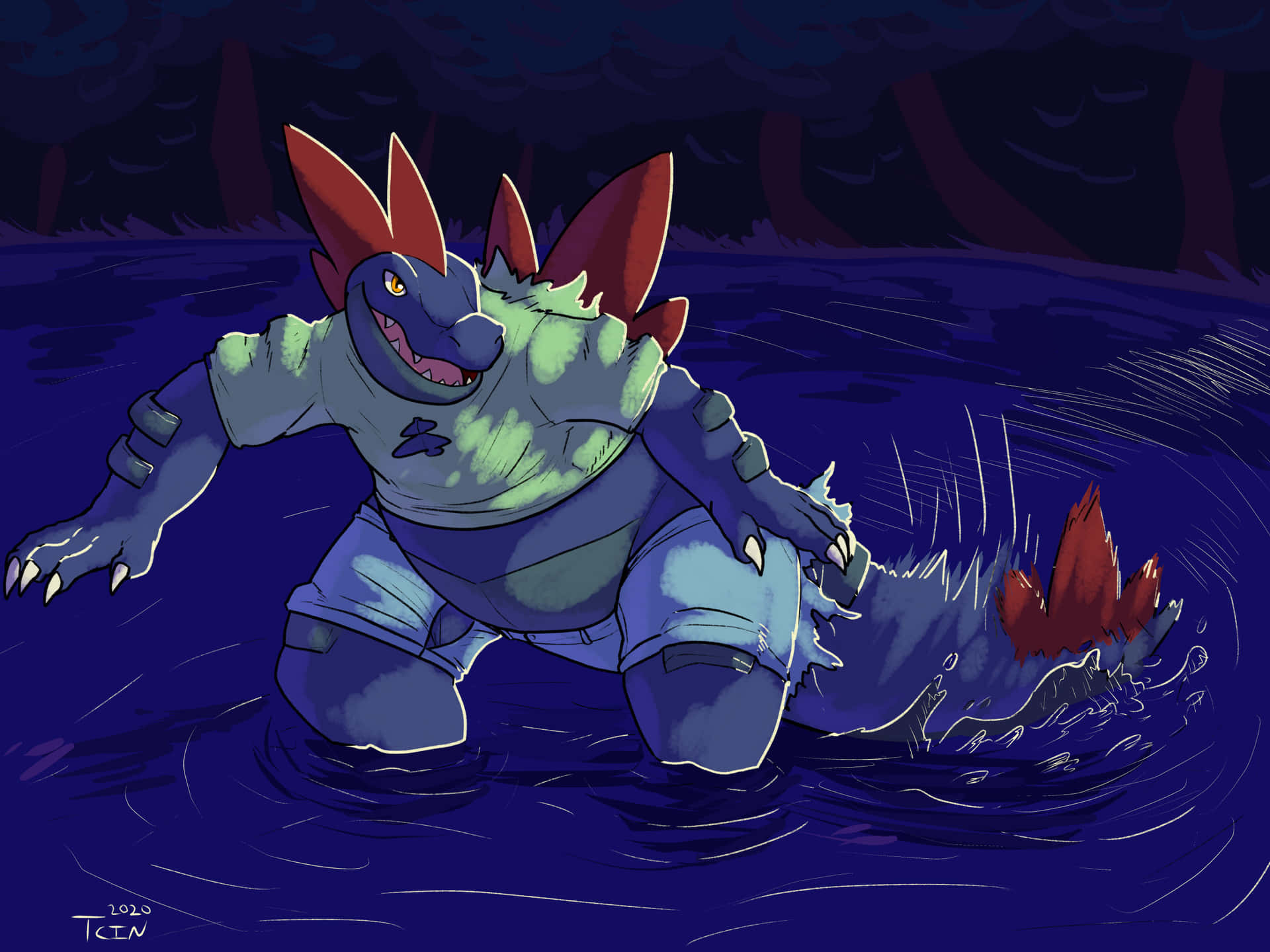 Feraligatr With A Cropped Shirt And Low Waist Jeans Background