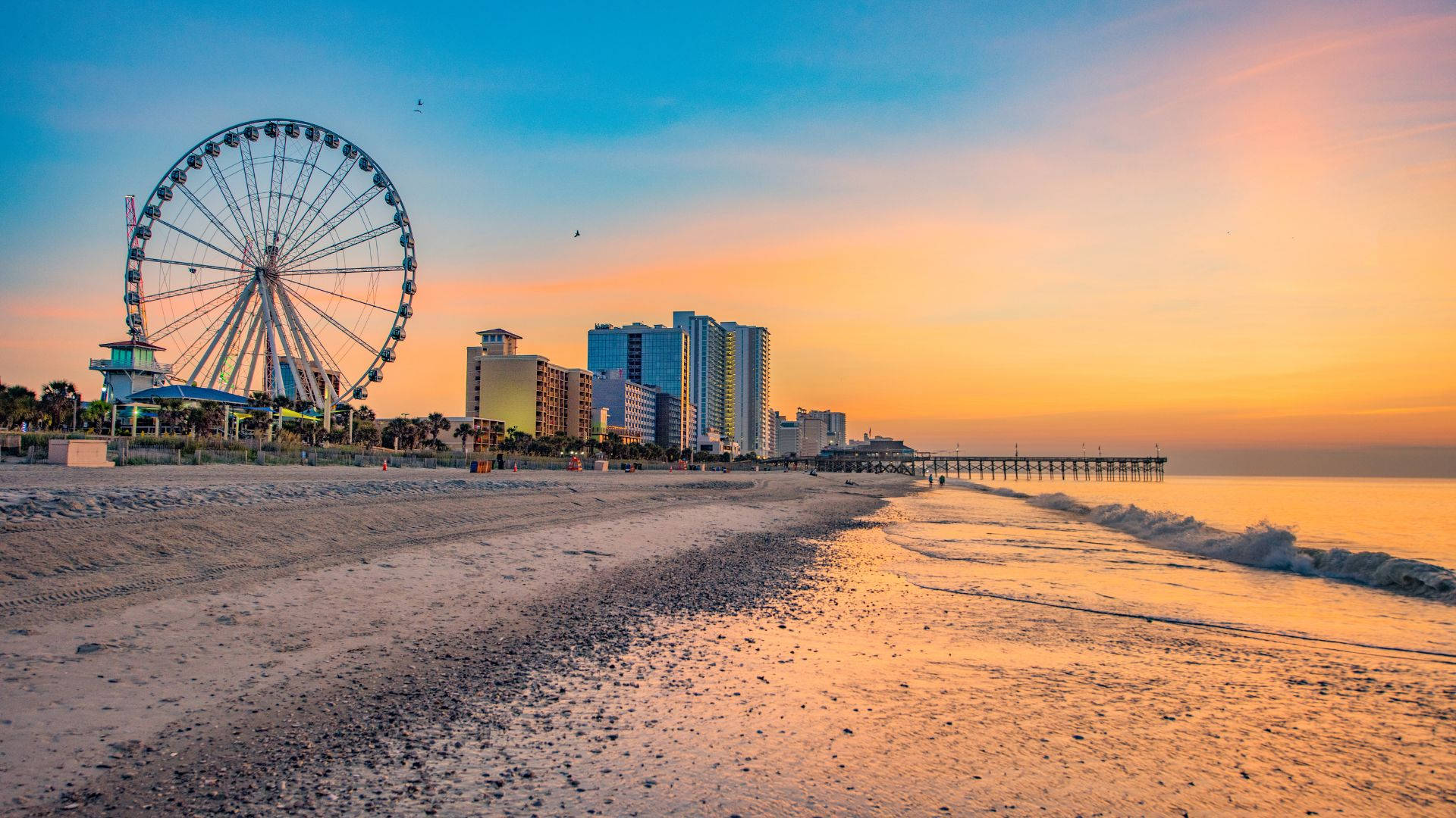 Ferris Wheel Beach Sunrise Scenery Background